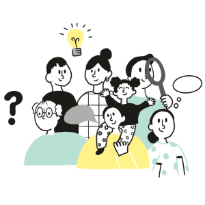 Illustration of a multigenerational family talking, questioning and investigating with a big
                        magnifying glass