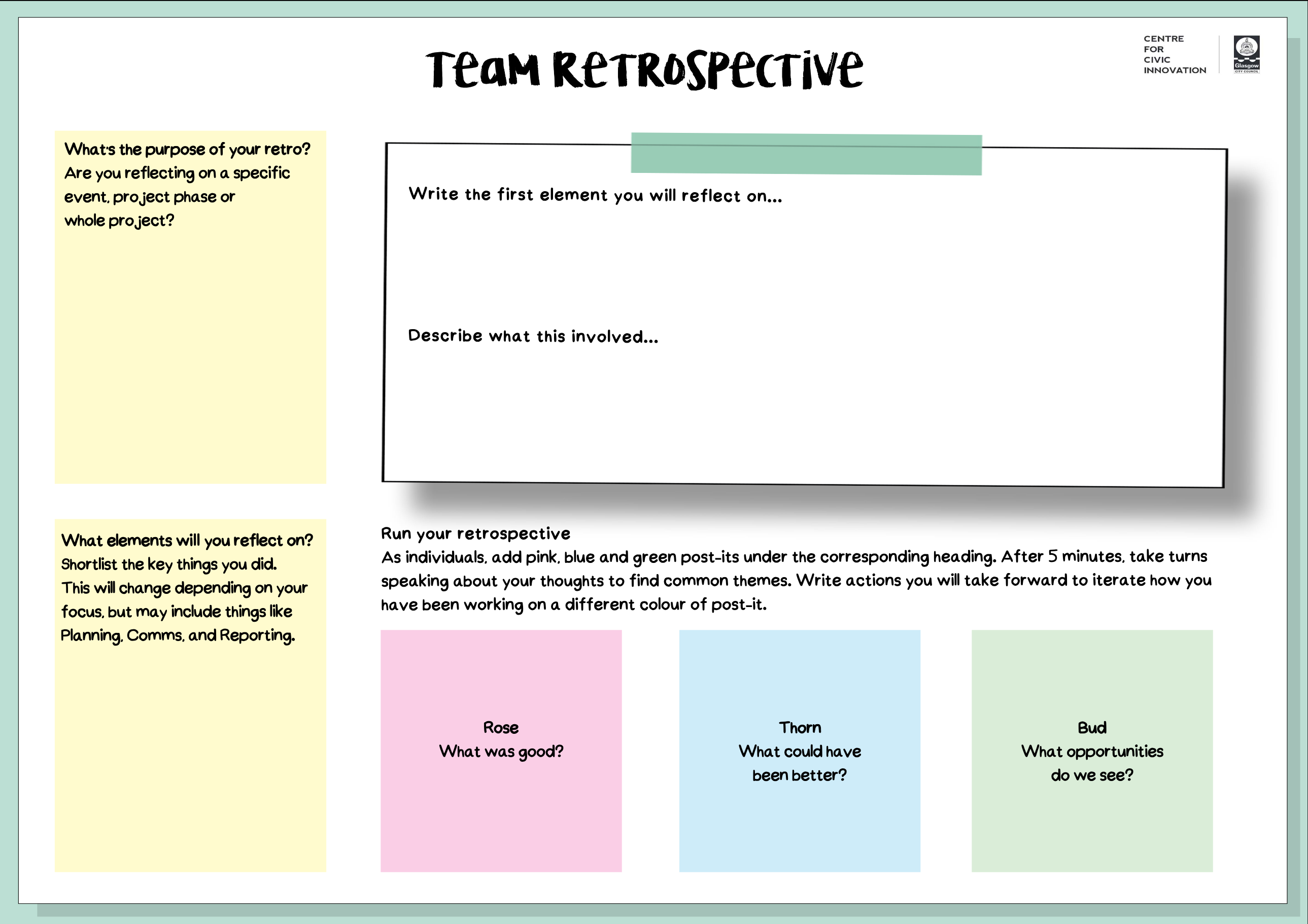Screenshot of the printable Team Retrospective tool