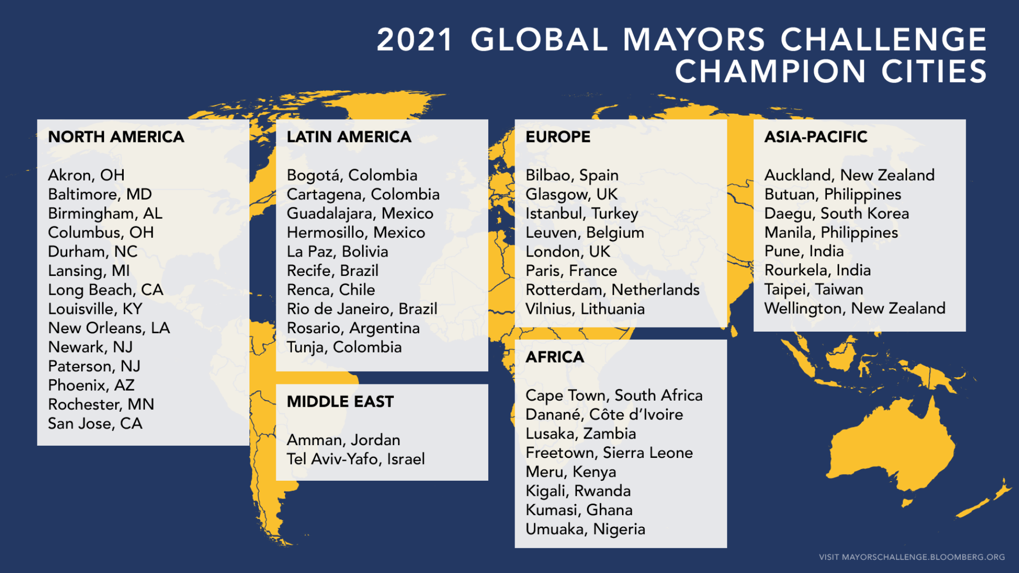 2021 Global Mayors Challenge Champion Cities Map