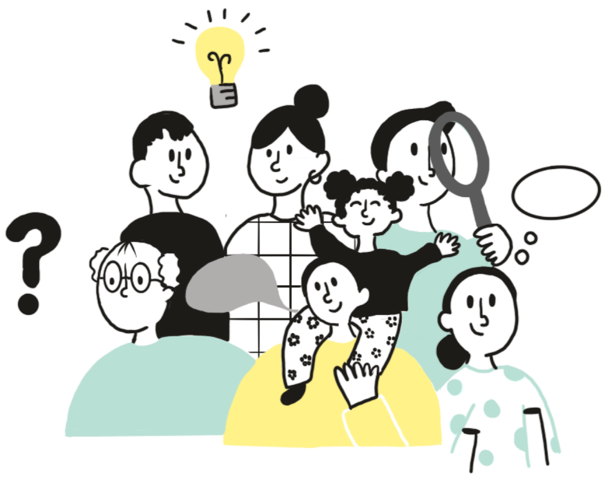  Illustration of a multigenerational family talking, questioning and investigating with a big
                    magnifying glass