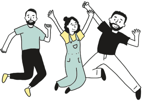Three people jumping up in the air with joy