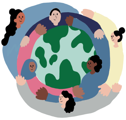 six people hugging the earth in a circle, they're definitely being nice to the earth