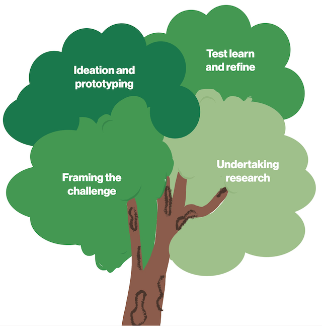 A tree with 4 main leafy areas: test, learn and refine; ideation and prototyping; framing the challenge; and undertaking research.