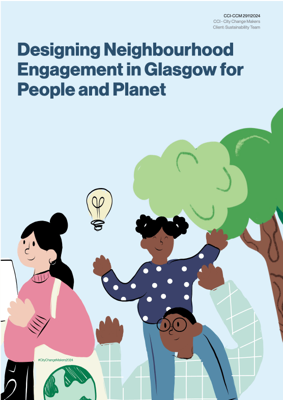 An image of the front cover of the City Change Makers Report featuring an illustration of three people playing by a tree