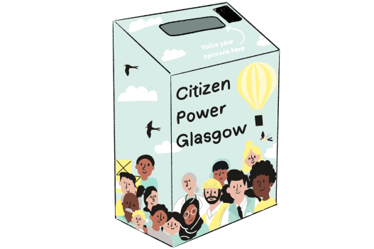 An illustration of a ballot box that reads 'Citizen Power Glasgow'