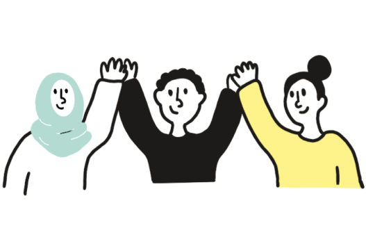 3 people holding their hands up in the air