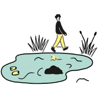 illustration of someone walking in a park by a messy flooded area