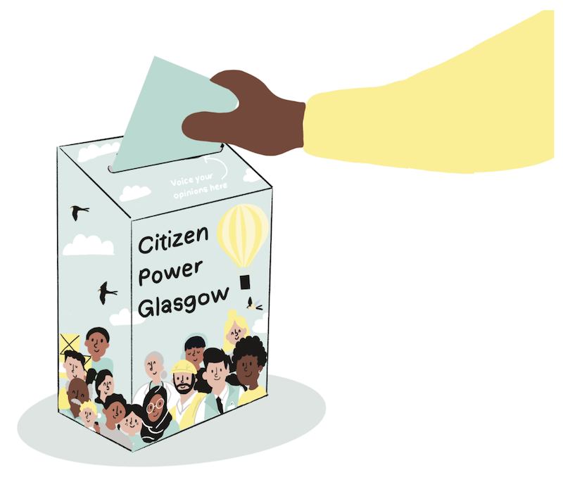 An illustration children holding a sign saying 'Citizen Power Glasgow'
