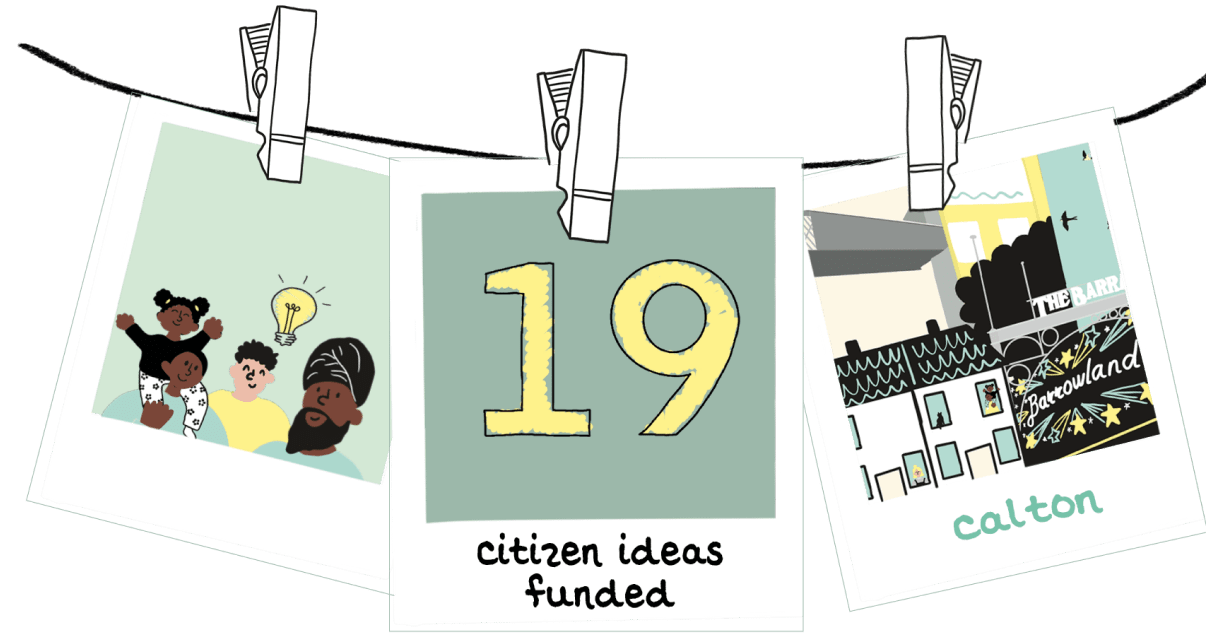 Illustration of polaroids on a washing line. 19 citizen ideas funded! An illustration of a family and Calton