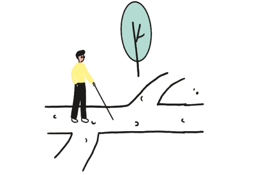 Illustration of someone using a mobility cane on a park path