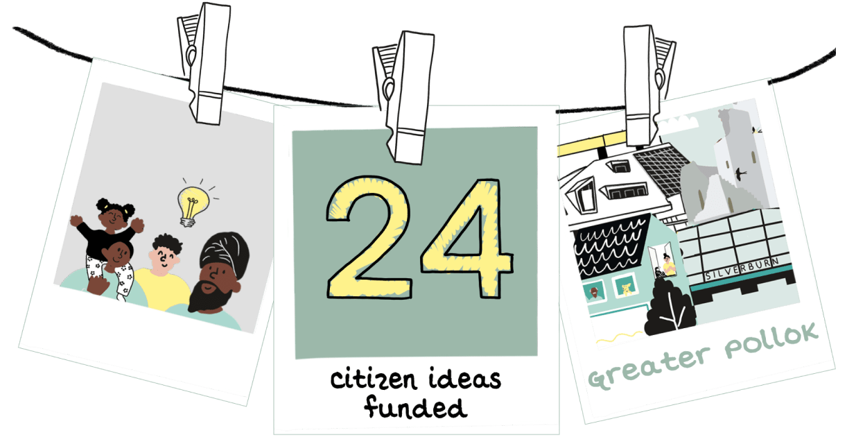 Illustration of polaroids on a washing line. 24 citizen ideas funded! An illustration of a family and Pollok