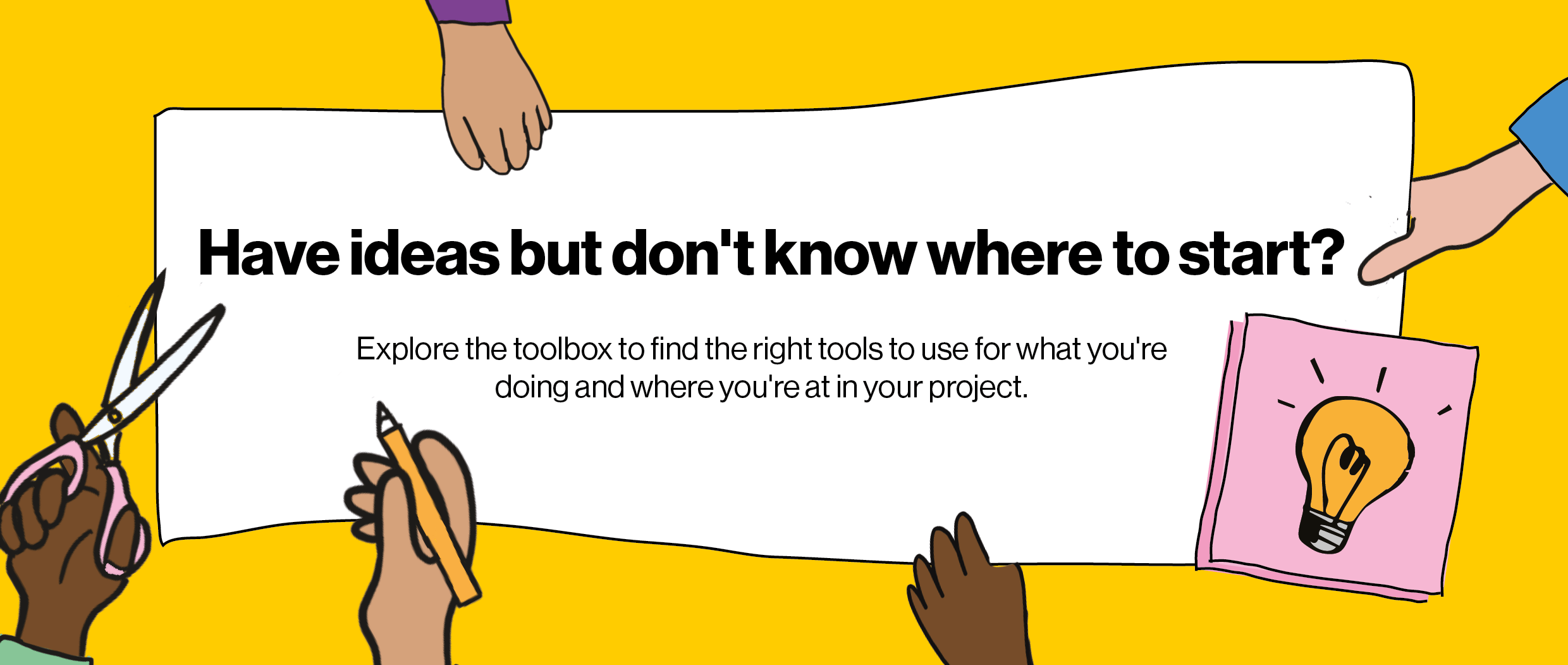 Hands holding a sign saying: have ideas but don't know where to start?